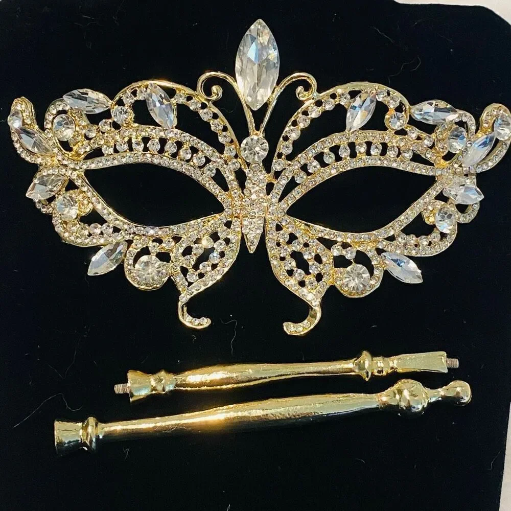 NWT AB Crystal Masquerade Rhinestone Prom Mask With Stick Handheld Gold-tone OS